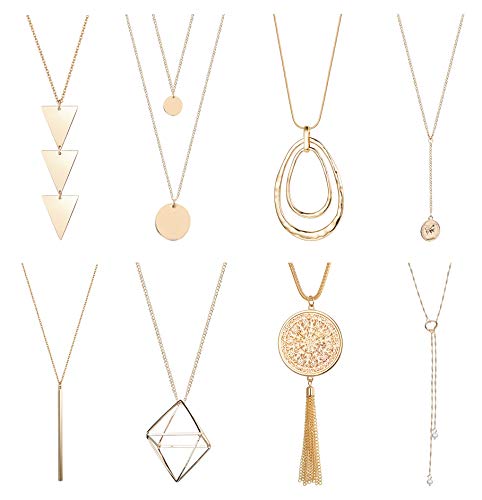 Hanpabum 8Pcs Long Pendant Necklace for Women Simple Fringe Tassel Bar Circle Faux Pearl Y Layer Sweater Chain Necklace