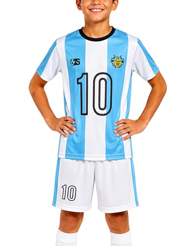 Quad Seven Boys Athletic Shorts Set - 2 Piece Short Sleeve Soccer Jersey Kids Shirt & Boys Soccer Shorts Youth Activewear Set Size 8-10 Light Blue Argentina