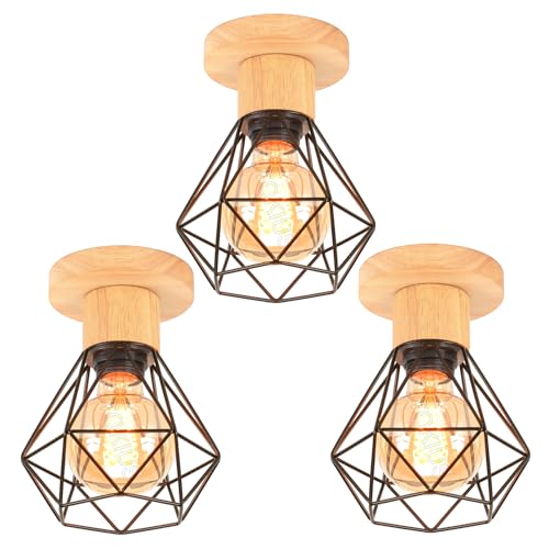 TOKIUS Lámparas de Techo Vintage 16CM Retro Lámpara Colgante Diseño de Jaula Negro Iluminación de Techo en Hierro y Madera E27 Luz Colgante de Interior para Pasillo Dormitorio Salón (Plafón, 3 Piezas)