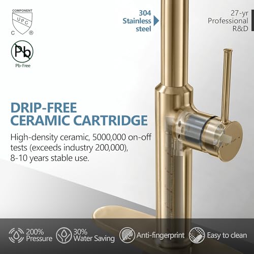 Lavatrum Kitchen Sink Faucets Brushed Gold, High-Arc Single Handle Kitchen Faucet with Pull Down Sprayer, Solid Brass Tall Kitchen Faucets 19 Inch by Lavatrum - Used condition - Image 8