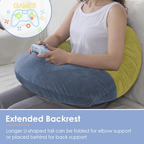 Image of QUEEN ROSE Reading Pillow, Gaming Pillow for Lap, Sitting in Bed or Sofa, Extra Arm Rest for Reading, Playing or Crocheting, Soft Velvet Blue