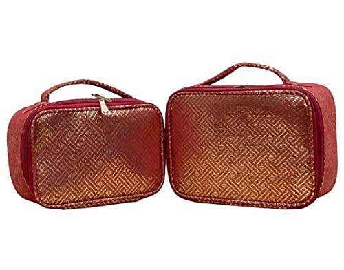 ADSONMake Up Jewellery Storage Cosmetic Vanity Travelling Bag Vanity Cosmetic Toiletry Multipurpose Vanity Case (2 Pcs Set)(Red)