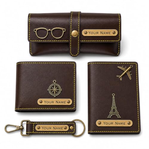 Image of Customized Wallet Combo Gift Set for Men | Faux Leather Wallet, Passport Cover & Keychain with Name & Charm | Personalized Gift for Birthday, Rakhi & Anniversary (Brown wkps)