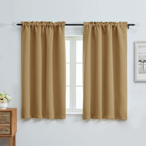 Image of Aiyufeng Gold Short Blackout Curtains for Bedroom 54 Inches Long 2 Panels Set, Solid Thermal Insulated, Energy Saving Window Treatment Curtains Blackout Drapes, W40 x L54 Inch, Gold