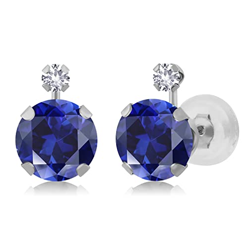 Gem Stone King 2.08 Ct Blue Created Sapphire White Created Sapphire 14K White Gold Earrings