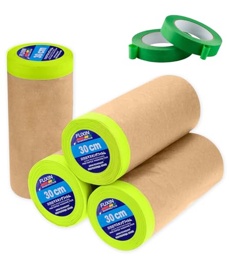 Wonninek Lot de 4 films de protection en papier kraft pré-collés de 30 cm x 15 m - Pour la maison - Avec 2 films de masquage - Ruban adhésif automobile - Accessoire de peinture