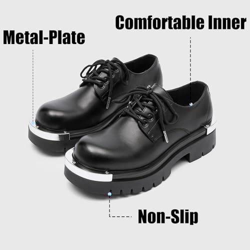 Men's Lace-Up Metal-Plate Patent Leather Platform Oxfords Round Toe Casual Chunky Heels Height Increasing Derby Shoes3