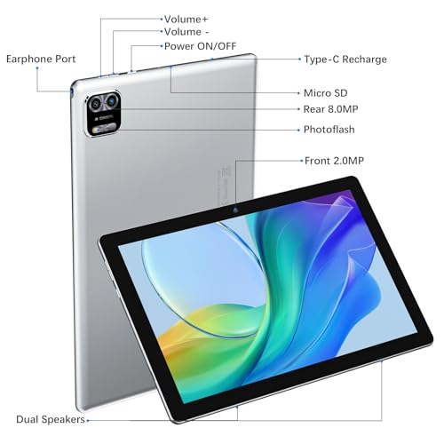 Image of WeTap Android Tablet 10 Inch 3GB RAM 64GB ROM Android 12 Tablets Octa-Core Processor 1280x800 IPS Display Tablet with Camera 2+8MP WiFi Bluetooth 6000mAh Battery (Silver)