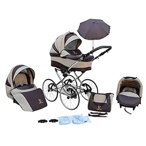 SKYLINE Klassisch Retro Stil Kombi-Kinderwagen Buggy 3in1 Reise System Autositz (Isofix) (Beige/17"Hartgummi Bereifung)