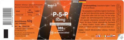 Nutrifair P-5-P 50mg, 365 Tabletten mit je 50mg P5P, schluckfreundlich, Pyridoxal-5-Phosphat, Hochdosiert, 100% Vegan, Deutsche Produktion & Laborprüfung