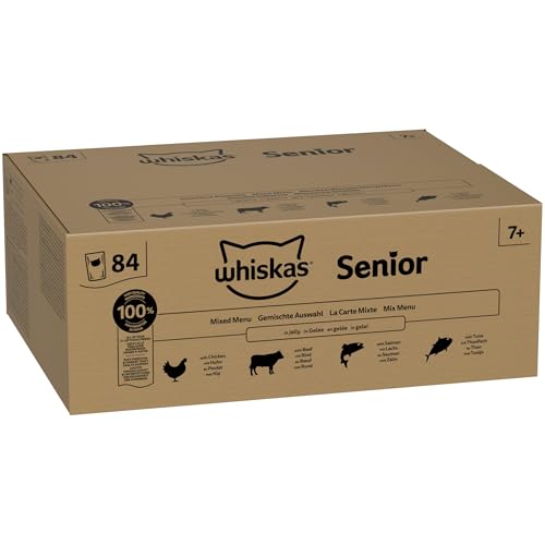 Whiskas Senior 7+ Katzennassfutter Gemischte Auswahl in Gelee, 84 Portionsbeutel, 84x85g (1 Großpackung) – Hochwertiges Katzenfutter nass, für Katzen ab 7 Jahren und älter