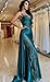 V Neck Satin Prom Dresses Long Mermaid Lace Evening Gown with Slit Pleated Bodycon Formal Dress FP32-18W Silver