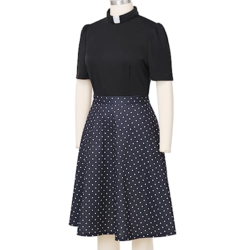 Image of CAMDOM Church Clergy Dress for Women Short Sleeve Polka Dot A Line Elegant Dress with Tab Collar