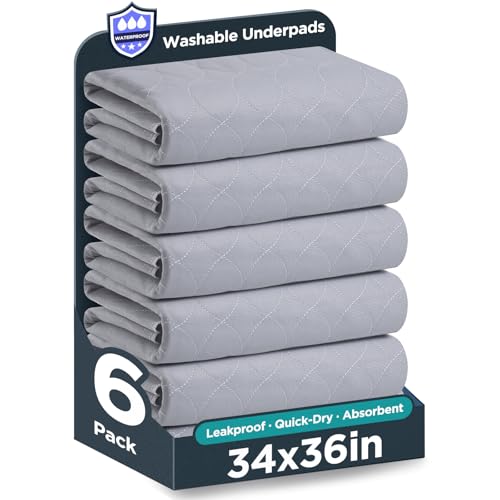 Image of Washable Bed Pads 34 inch x 36 inch - 6 Pack, Grey, Waterproof Bed Pads for Incontinence, Bed Wetting Pads for Bed, Sofa, Floor, Resuable Underpads for Adults, Seniors, Pet