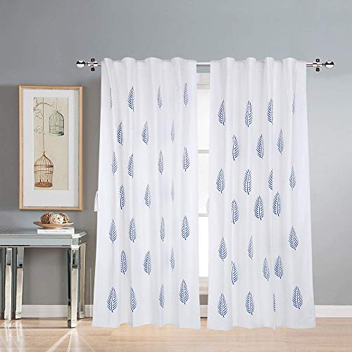 Image of LINENWALAS Cotton Printed Curtains 10 Feet Long Set of 2, Curtain for Doors Home Decor Items for Living Room Bedroom, Semi Sheer Drapes with Back Loop Hangings (10 Ft Length, Blue Leaf)