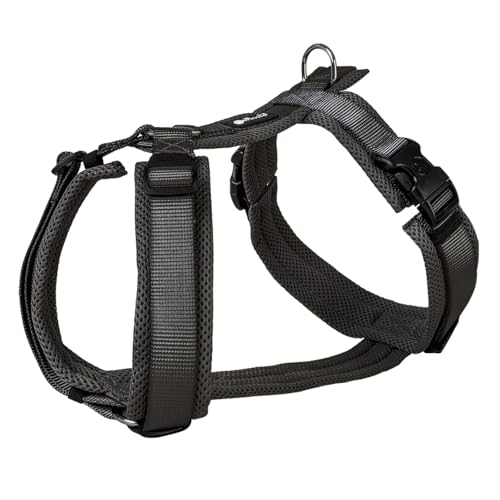 Petlando Hundegeschirr gepolstert, Mesh Y-Comfort, weich, stufenlos verstellbar, besonders leicht & atmungsaktiv, fellschonend, ergonomisch, Brustgeschirr für mittelgroße Hunde, Schwarz, M