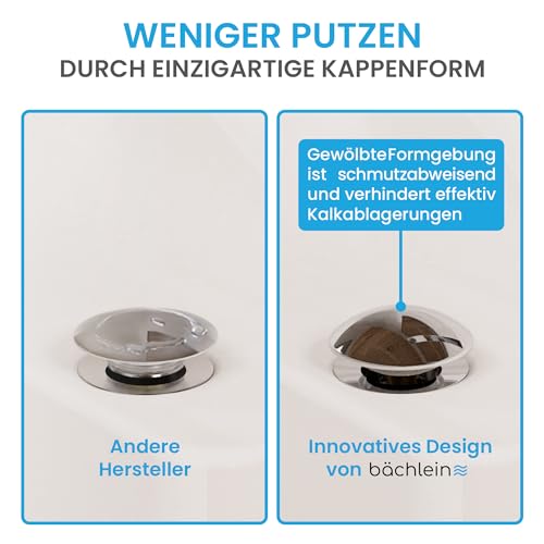 Bächlein Design Ablaufgarnitur ohne Überlauf (Chrom) - Pop Up Ventil aus Messing mit innovativer Kappenform gegen Wasserflecken Kalkränder