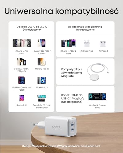 Anker Ładowarka USB-C 47 W, ładowarka 523 (Nano 3), kompaktowa 2-portowa szybka ładowarka GaN (biała)