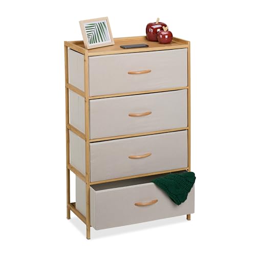Relaxdays Commode à 4 tiroirs, HxLxP : 94 x 58 x 32,5 cm, Meuble de Rangement, Bambou et Tissu, Beige/Nature