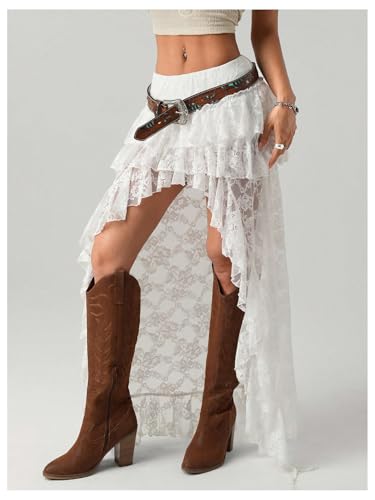 SHENHE Women's Western Y2k Lace Maxi Skirt Tiered Ruffle High Low Renaissance Boho Fairy Skirt2