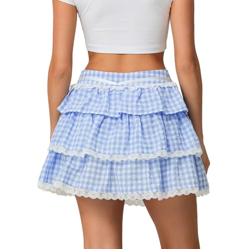 Women's Summer Y2K Gingham Skirt Plaid Ruffle Low Waist A-Line Mini Skirts with Lace Hem for Going Out Dress3