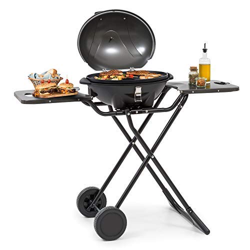 Klarstein Tafelspitz Elektrogrill - Standgrill mit Deckel und Standfuß, 1.600 Watt, faltbar, Thermometer, Antihaftbeschichtung, Grillplatte: 44 x 34 cm (LxB), Abstelltische, 2 Räder,schwarz