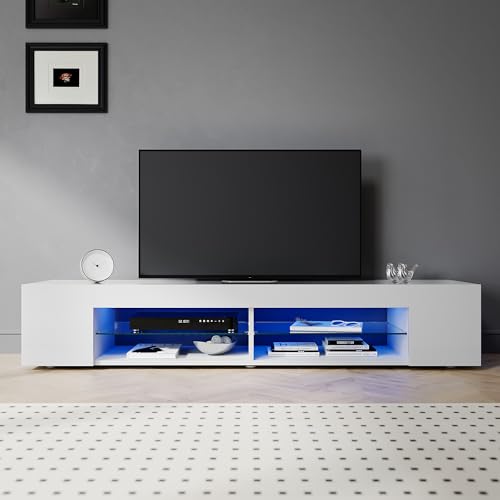 SIRHONA Meuble TV Blanc éclatant, Meuble Tele avec LED, Éclairage LED RGB avec Couleur réglable,...