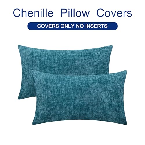 Image of CaliTime Pack of 2 Cozy Bolster Pillow Covers Cases for Couch Sofa Home Decoration Solid Dyed Soft Chenille 12 X 20 Inches Ocean Blue