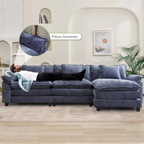 Image of Oprisen 120 inch Modular Sectional Sofa, Comfy Cloud Couch Sectional Sofa with Ottoman, Chenille Sofa Sleeper Deep Seat Sofa with Throw Pillows for Living Room (Blue, 120 inch- L Shape)