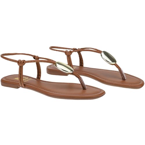 Rasteira Sandália de Tiras com Enfeite ABS Dourado Confortável Rasteirinha 4017 (Caramelo, BR, Adult