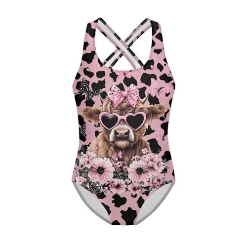 Image of WELLFLYHOM Girls' One Piece Swimsuit for Age 5-14 Cross Back Full Coverage Swimwear Sleeveless Bathing Suits