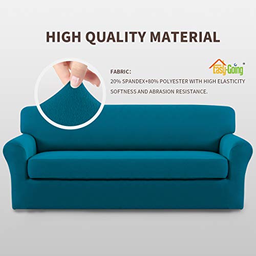 Image of Easy-Going 2 Pieces Stretch Couch Sofa Slipcover Washable | Spandex Soft Fitted Sofa Couch Cover for Sofa Furniture Protector with Bottom Kids,Pet Dog Peacock Blue