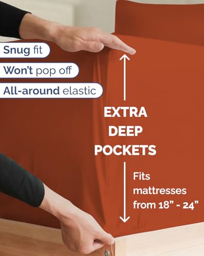 Image of Extra Deep Twin XL Sheet Set - 4 Piece Breathable & Cooling - Terracotta | Hotel Luxury Bed Sheets Set, Easy & Secure Fit, Ultra-Soft, Wrinkle & Fade Free, Comfy Sheets Set with Extra Deep Pockets