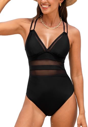 CUPSHE Badeanzug Damen V Ausschnitt Mesh Cut Out Doppelträger | Mesh Einsatz,Bequeme Passform, Für Strand und Pool,Bademode Swimsuit