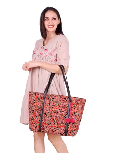 Image of NEPRI Oversized Office Tote Bag | Stylish Tote Bags | Purse for Women | Vegan Leather & Hanblock Printed Fabric Handbag with Double Handle Shoulder Strap| Daily & Travel Use