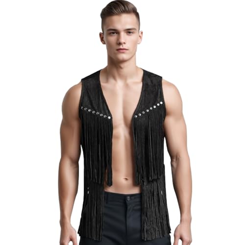 Image of ZUYPSK Men's Open Front Tassels Vest Sleeveless Western Cowboy Waistcoat Halloween Club Party Jacket Outerwear