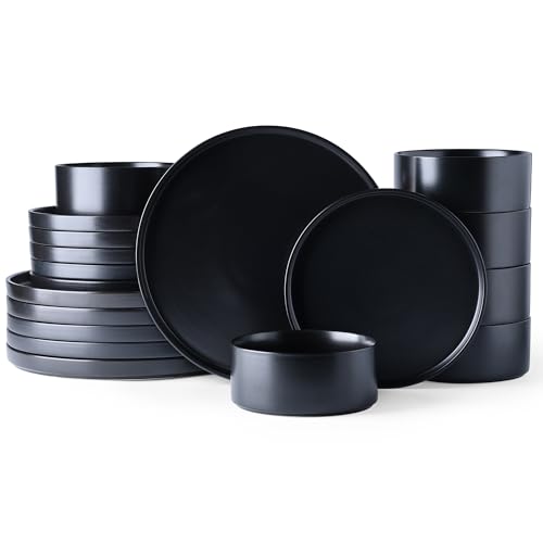 GBhome Ceramic Dinnerware Sets for 6, Matte Stoneware Plates and Bowls Sets,Chip and Scratch Resistant Dishes, Dishwasher & Microwave Safe, Oven safe,Reactive Glaze-Black
