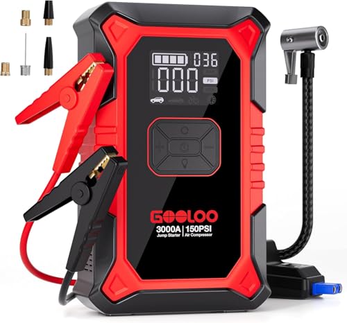GOOLOO A3 Starthilfe Powerbank mit Kompressor, 3000A 150PSI Spitzenstrom Starter Powerbank für 12V...