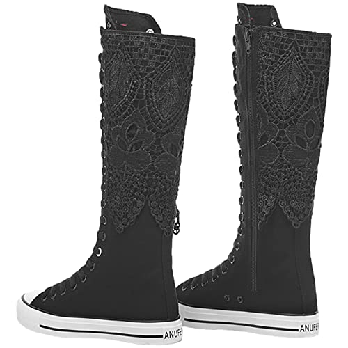 Image of ANUFER Women Fashion Canvas Dance Boots Knee High Bicycling Boots Girls Fancy School Shoes