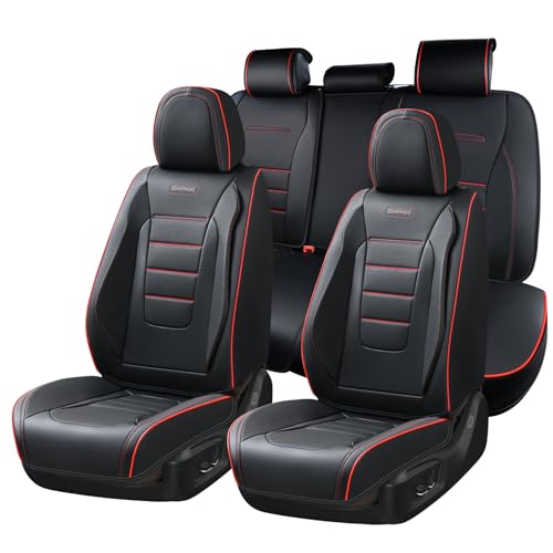 Image of Coverado Seat Covers Full Set, Seat Covers for Cars, Car Seat Cover, Car Seat Protector, Nappa Leather Car Seat Cushion, Waterproof Car Seat Covers Front Seats and Back Fit for Most Cars (Redline)