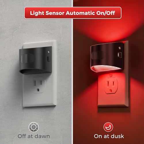 Image of L LOHAS LED Night Light with Motion Sensor & Dusk to Dawn Sensor, Night Lights Plug into Wall with 30-100lm Adjustable Brightness, Dimmable Night Light for Bathroom Hallway, Red, 4 Pack