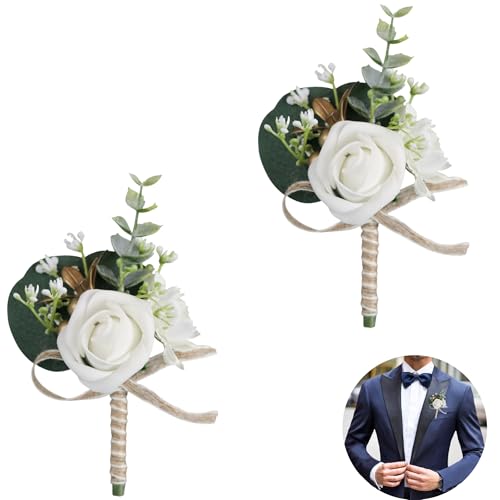Huilimei Künstliche Herren-Rosen-Boutonniere, Knopfloch-Blumen mit Nadel und Clip, künstliche Hochzeitsblumen, Brautschmuck, Brautjungfer, weiße Ansteckblume für Hochzeit, Party, Abschlussball, Anzug,