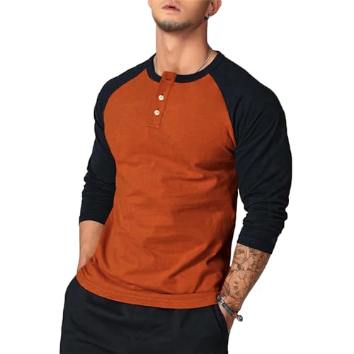 Henley Shirt for Men Lightweight Slim Fit Long Sleeve Crew Neck Color Block Button Up T-Shirt Tee Tops