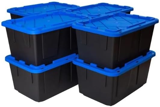 Tough 27 Gallon Plastic Storage Bin with Snap Lid, Stackable, Lockable, Set of 8, Heavy-Duty, Durable, Multi-Purpose Storage Containers for Indoor & Outdoor Use (Blue and Black)