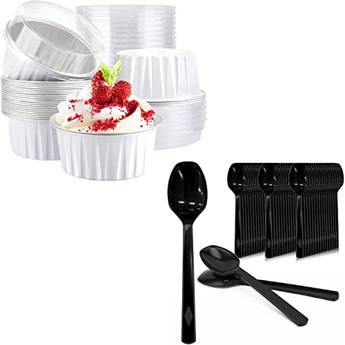 Eusoar Disposable Spoons And Baking Cups With Lids, 50Pcs Disposable Serving Spoons 6.3"X1.4" Cutlery Set Heavy Duty Black, 30Pcs 5Oz 125Ml Aluminum Foil Muffin Liners With Lids- Silver #TOP21