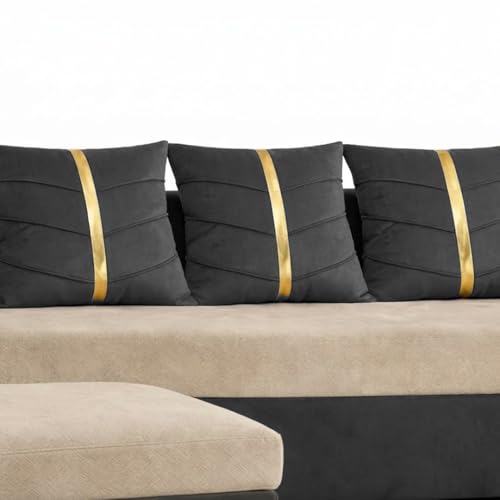 Image of Caviar 5 Seater L Shape Sofa Set with Movable Ottoman | Flexible Layout | Luxury Velvet Suede Fabric | Modern Living Room Sofa | Dark Grey-Cream