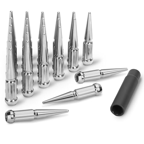 Image of M14x1.5 Chrome Spline Spike Lug Nuts for 6Lug Stud Truck Vehicle, 24pcs Alloy Steel Spiked Lugnuts Compatible with Chevy Silverado GMC Sierra, Solid Metal Wheel Nut with 1 Socket Key for F150 Ram 1500