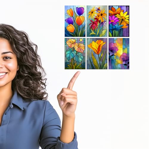 Image of SiddArtify Floral Stained Glass Wall Art Poster Print Set - Modern Flower Decor for Living Room Bedroom Office - Set of 2-4x6 Inch - Board (Pack of 6) - Sticker (Pack of 6)