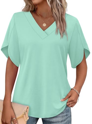 Image of WIHOLL Womens Summer Tops Short Petal Sleeve Shirts Fashion V Neck Womens Clothing