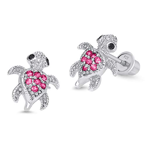 925 Sterling Silver Rhodium Plated Red Turtle Cubic Zirconia Screwback Baby Girls Earrings